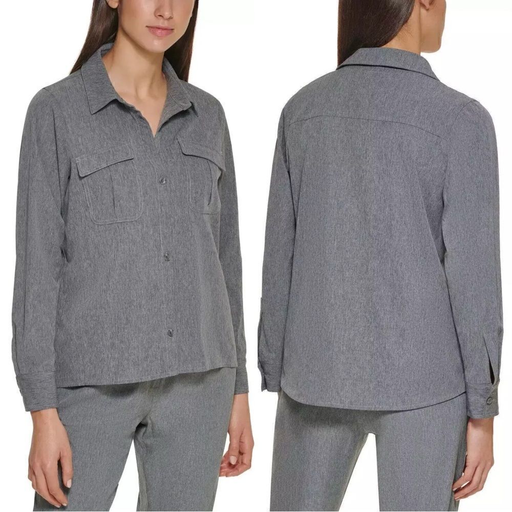 NWT Calvin Klein Women’s Gray Tech Stretch Button Down Shirt, Sz Medium